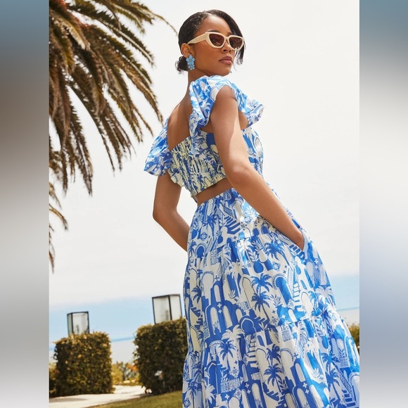 SugarLips Nala Tiered Smocked Maxi Dress Blue White Print - Picture 6 of 8